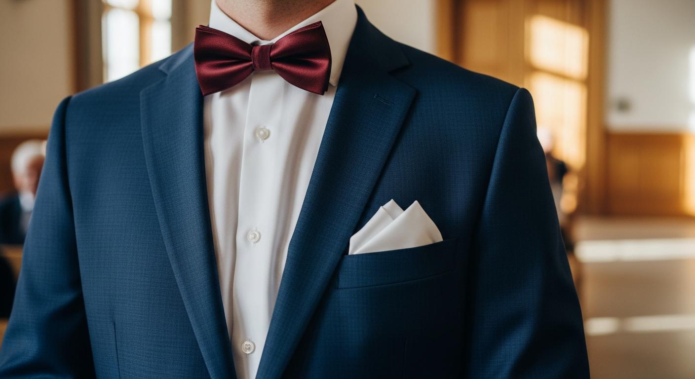 Gros plan d’un nœud papillon bordeaux en polyester satiné sur costume bleu marine, ambiance mariage en intérieur