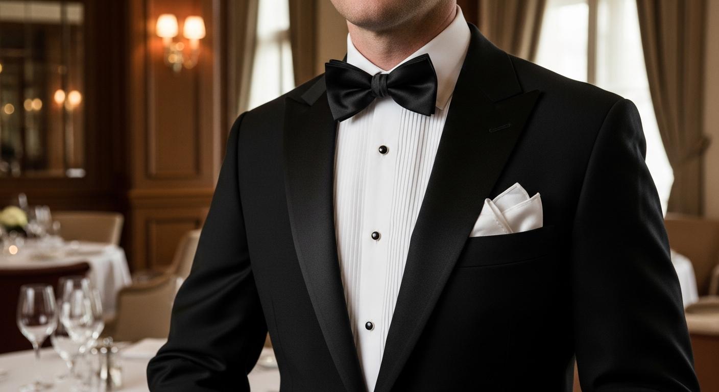 Homme en smoking noir avec nœud papillon satiné, pochette en lin et boutons de manchette, en intérieur élégant