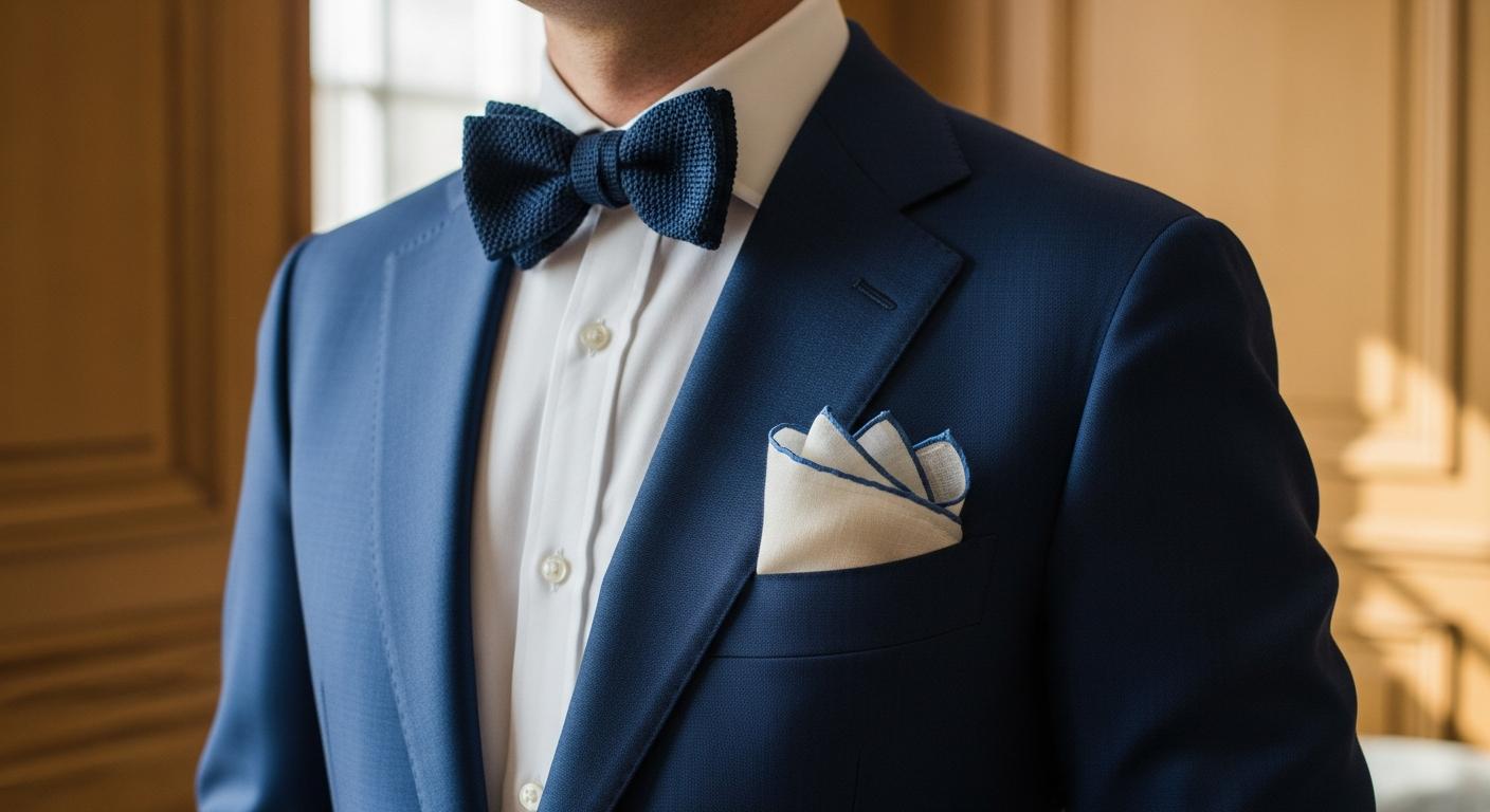 Gros plan d’un costume bleu marine avec pochette en lin blanc cassé et nœud papillon en tricot bleu nuit