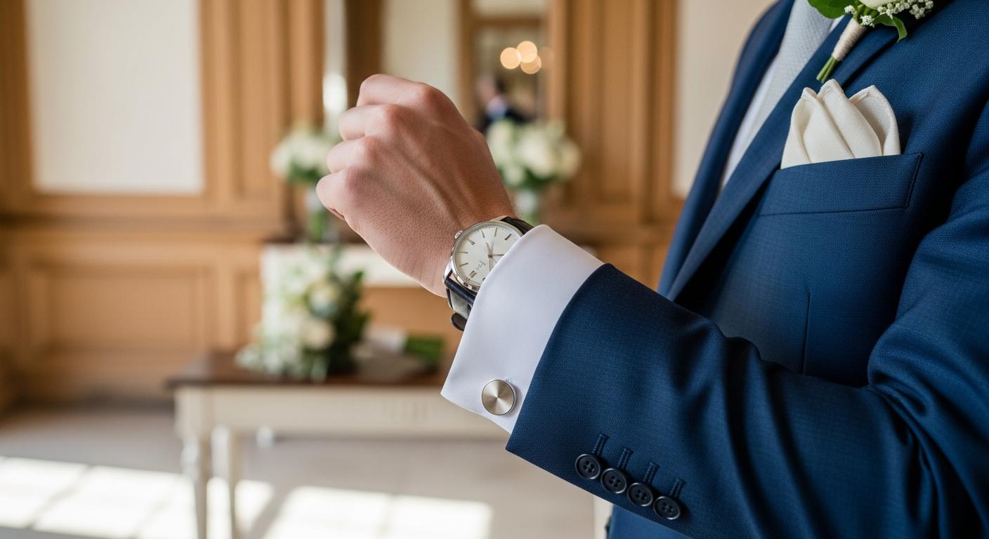 Gros plan sur boutons de manchette argentés portés avec costume bleu marine lors d’un mariage