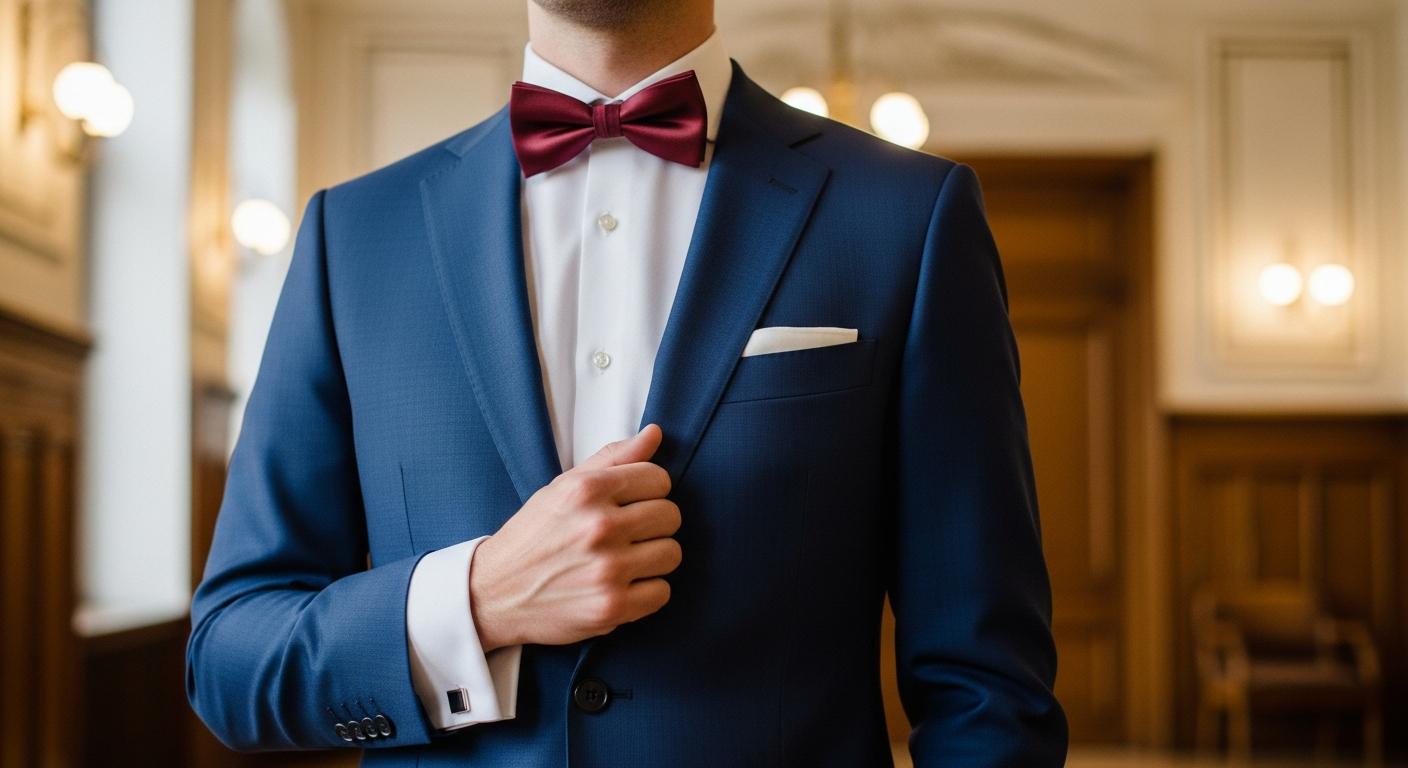 Gros plan d’un nœud papillon bordeaux en polyester satiné porté avec costume bleu nuit et chemise blanche