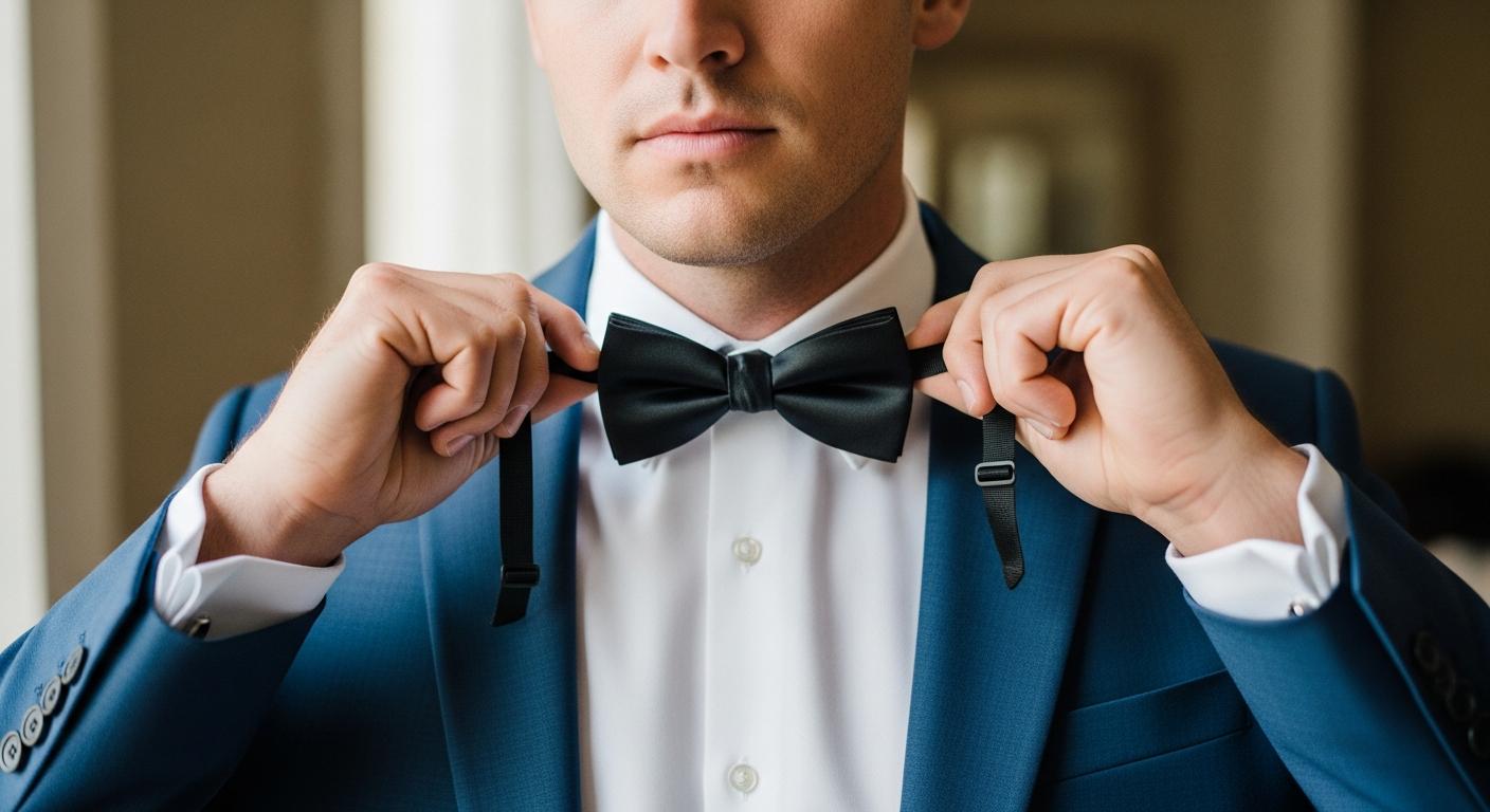 Homme en costume ajustant la sangle d’un nœud papillon noir au col de sa chemise