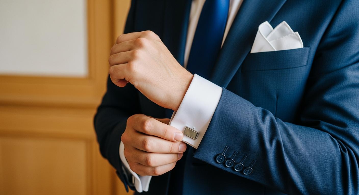 Gros plan sur des boutons de manchette argentés sur chemise blanche, avec costume bleu marine en intérieur élégant