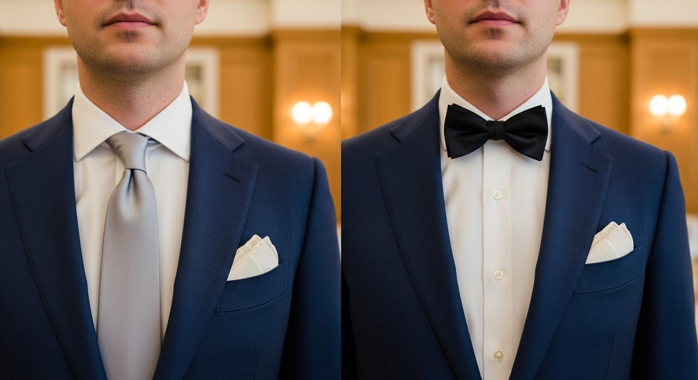 Diptyque : costume bleu marine avec cravate gris perle puis nœud papillon noir, intérieur de cérémonie