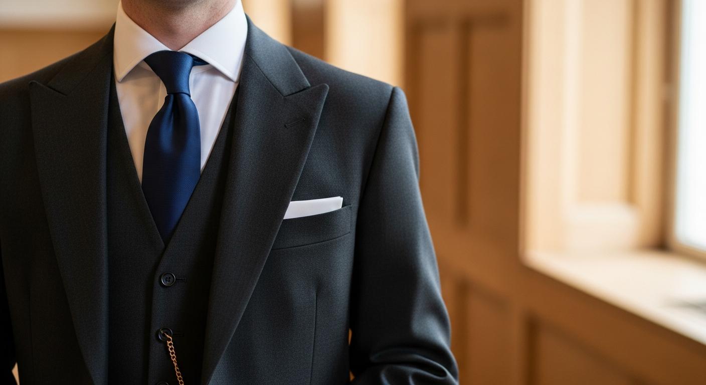 Gros plan d’une tenue trois pièces avec cravate bleu nuit en polyester satiné et gilet gris anthracite