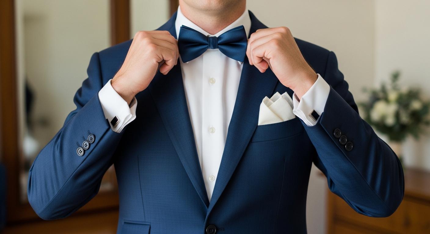 Homme ajustant un nœud papillon bleu nuit avec pochette en lin, en intérieur élégant avant une cérémonie