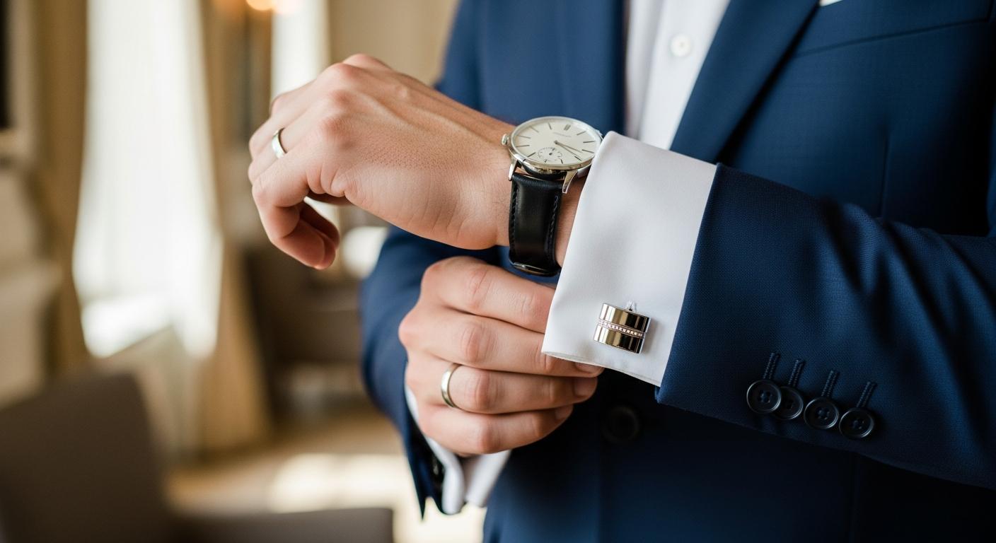 Gros plan sur des boutons de manchette polis sur chemise blanche sous un costume bleu nuit