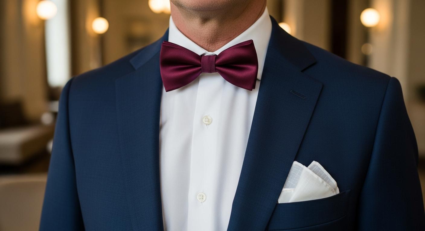 Gros plan d’un nœud papillon bordeaux en polyester satiné sur costume bleu nuit et chemise blanche