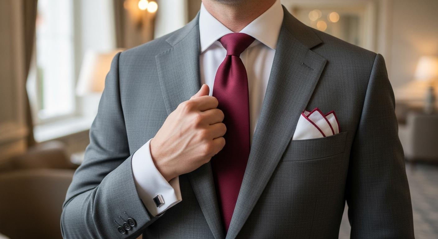 Homme en costume gris avec cravate bordeaux, pochette en lin blanche et boutons de manchette argentés