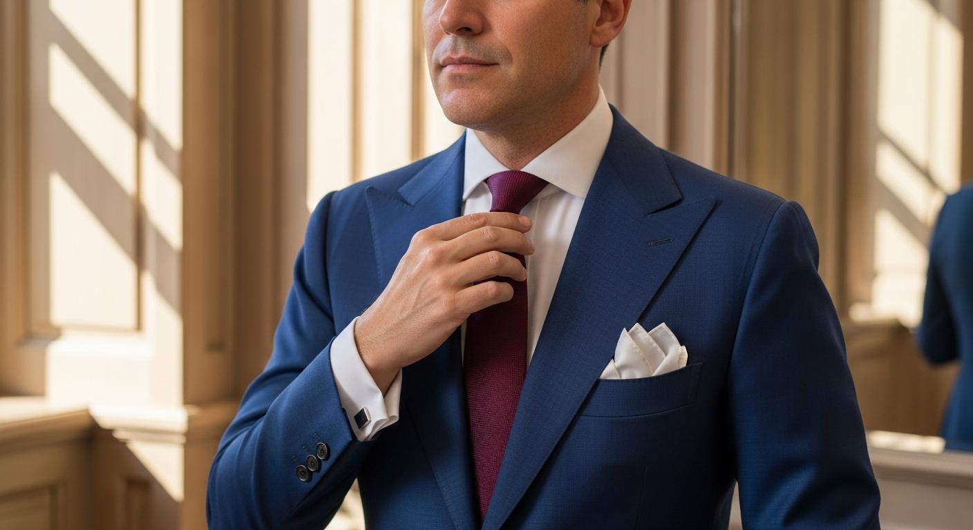 Homme en costume bleu marine ajustant une cravate bordeaux en polyester satiné, intérieur élégant
