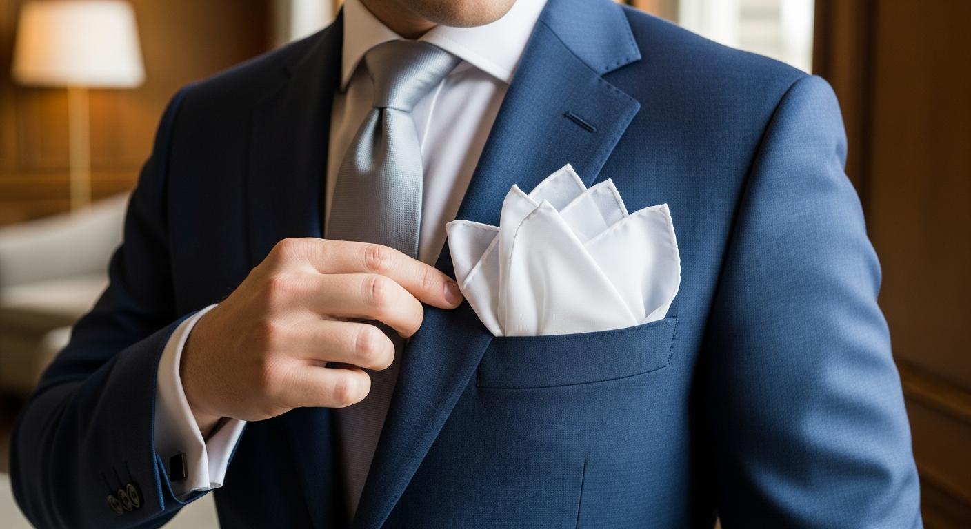 Gros plan sur une pochette blanche pliée en pliage présidentiel dans la poche d’un costume bleu marine