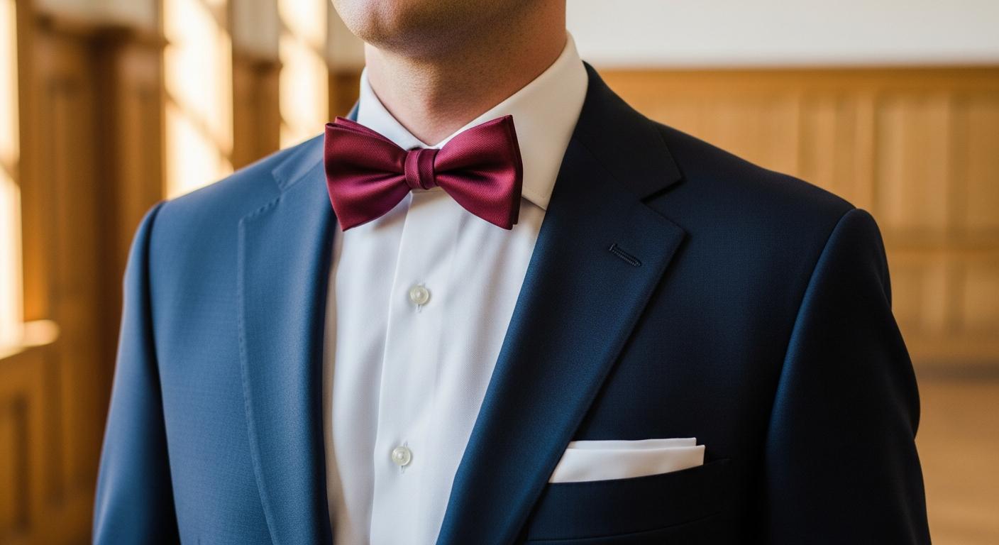 Gros plan d’un costume bleu nuit avec nœud papillon bordeaux en polyester satiné et pochette blanche