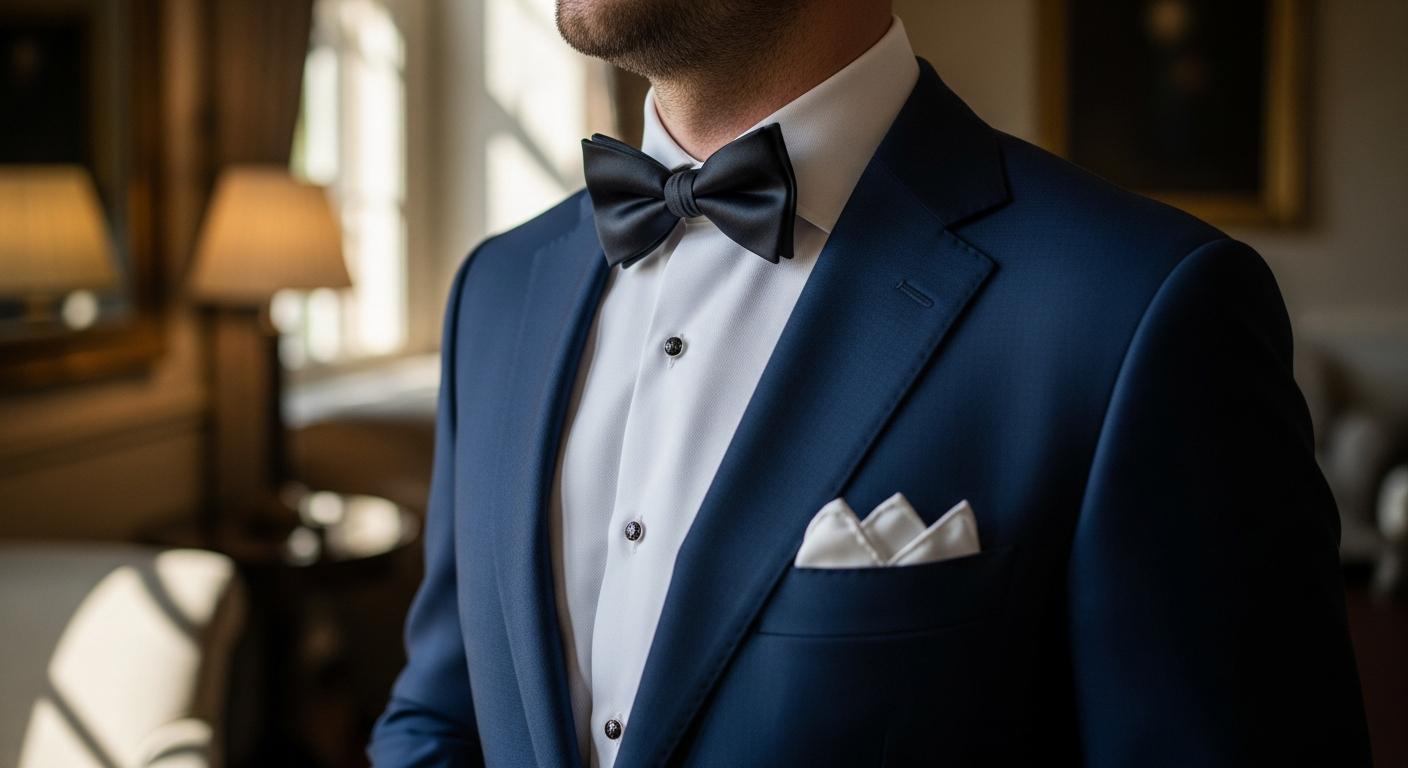 Homme en costume bleu marine portant un nœud papillon noir et une pochette blanche, dans un intérieur élégant
