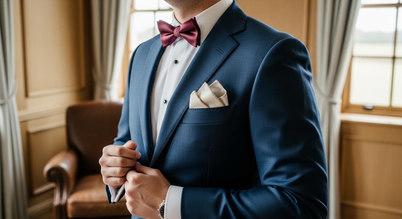 Homme en costume bleu marine avec nœud papillon bordeaux, pochette en lin et boutons de manchette argentés