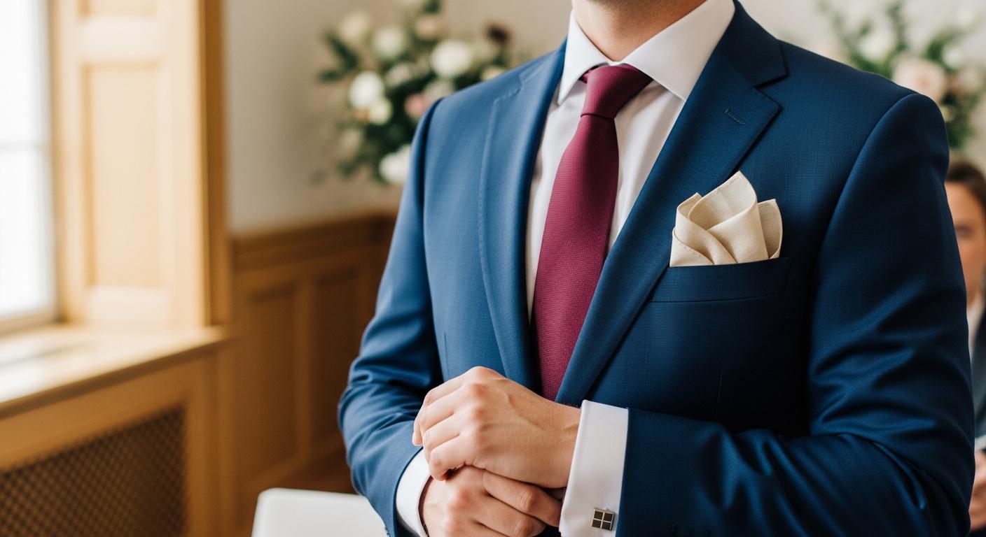 Homme en costume bleu marine avec cravate bordeaux, pochette en lin écru et boutons de manchette, intérieur de mariage