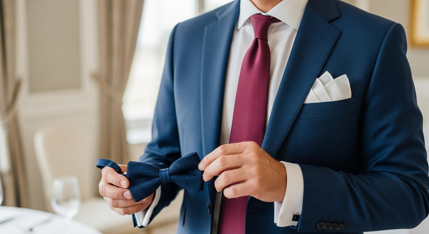 Homme en costume bleu portant une cravate, tenant un nœud papillon, dans un intérieur de cérémonie