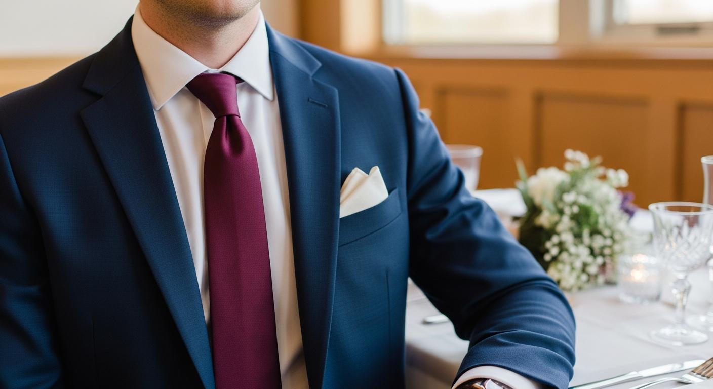 Homme en costume bleu marine avec cravate bordeaux en polyester satiné et pochette en lin, ambiance mariage